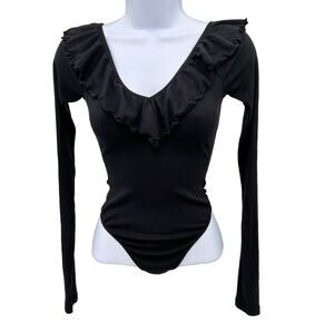 Wilfred Aritzia Long Sleeve Ribbed Ruffled Deep V-Neck Bodysuit XS Black Tank